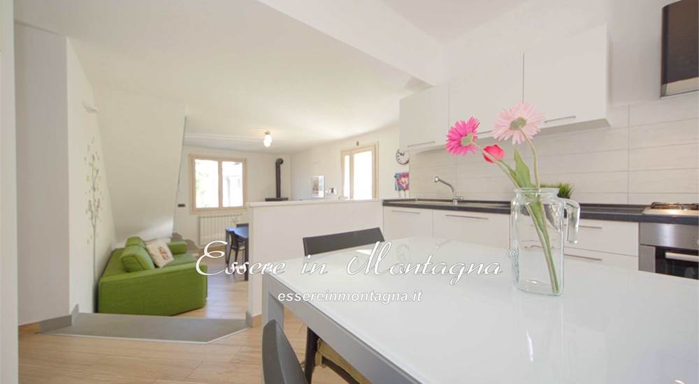 La cucina abitabile che guarda il soggiorno